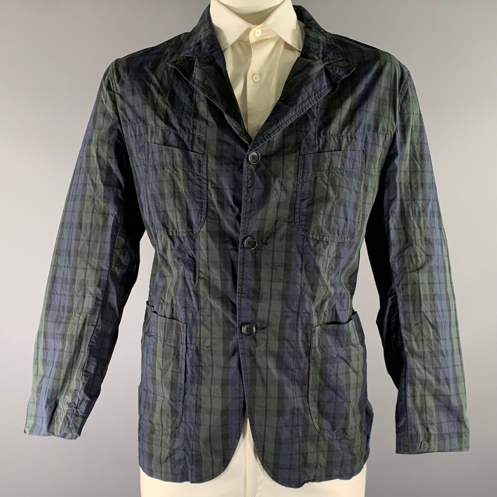 ENGINEERED GARMENTS Chest Size XL Green Navy Plaid Cotton Blend Sport Coat